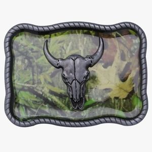New silver and green bull belt buckle approximately 3.75 inches wide.